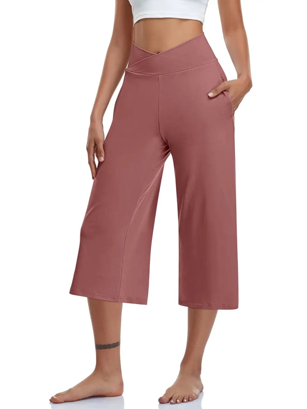 TARSE Womens Casual Wide Leg Yoga Capris Crossover High Waisted Womens Size L